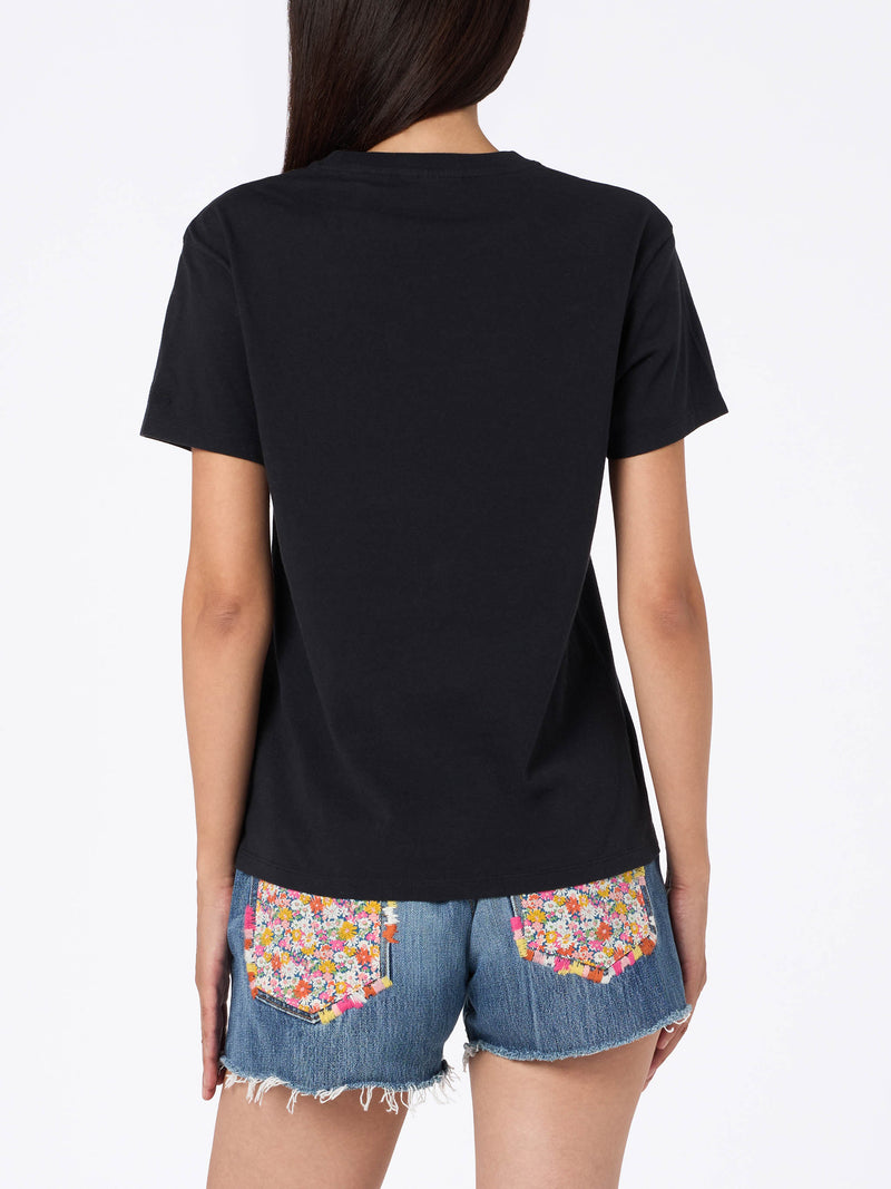 Woman black cotton jersey crewneck t-shirt Emilie with Sono nera embroidery