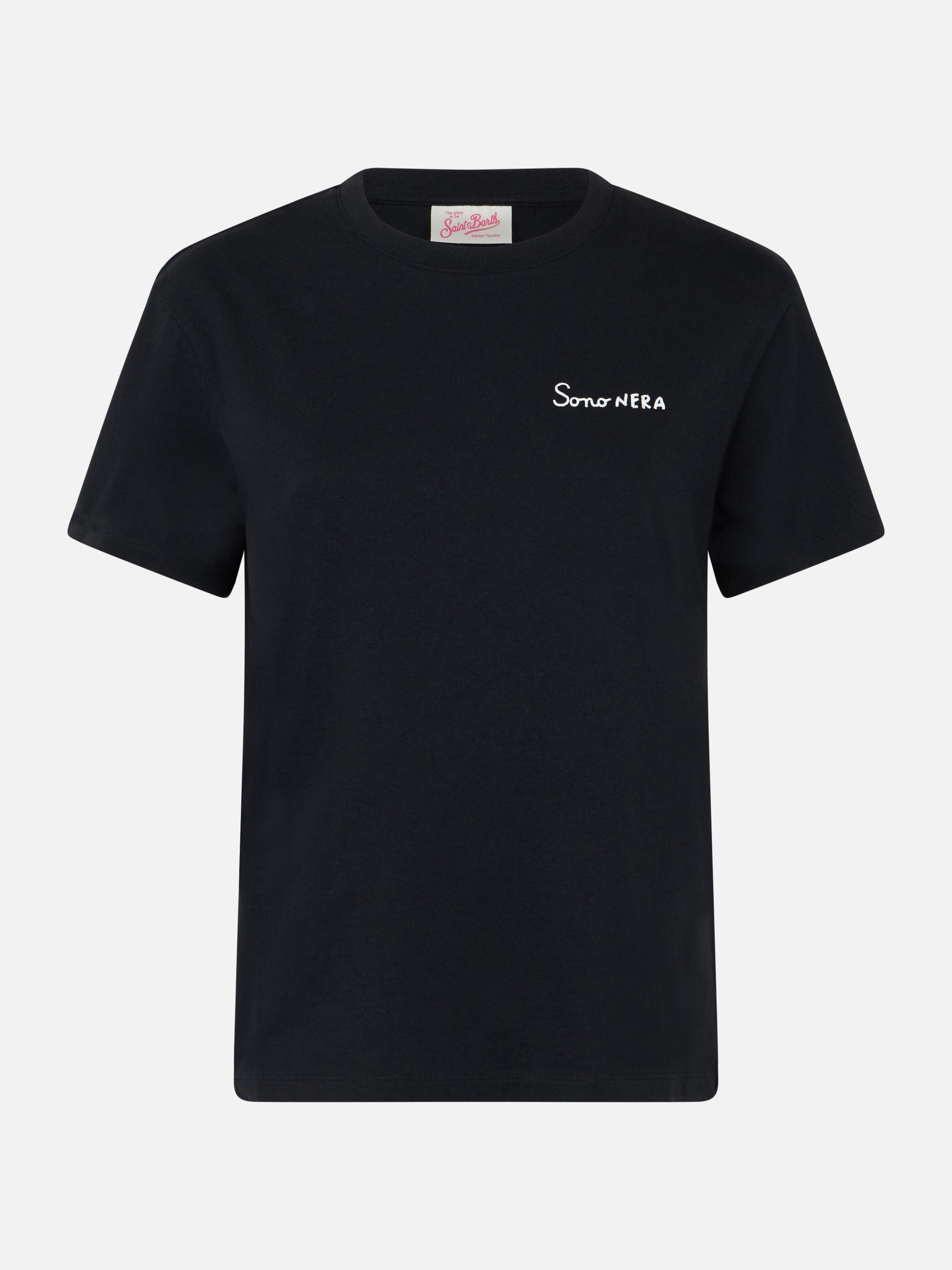 Woman black cotton jersey crewneck t-shirt Emilie with Sono nera embroidery - MC2 Saint Barth