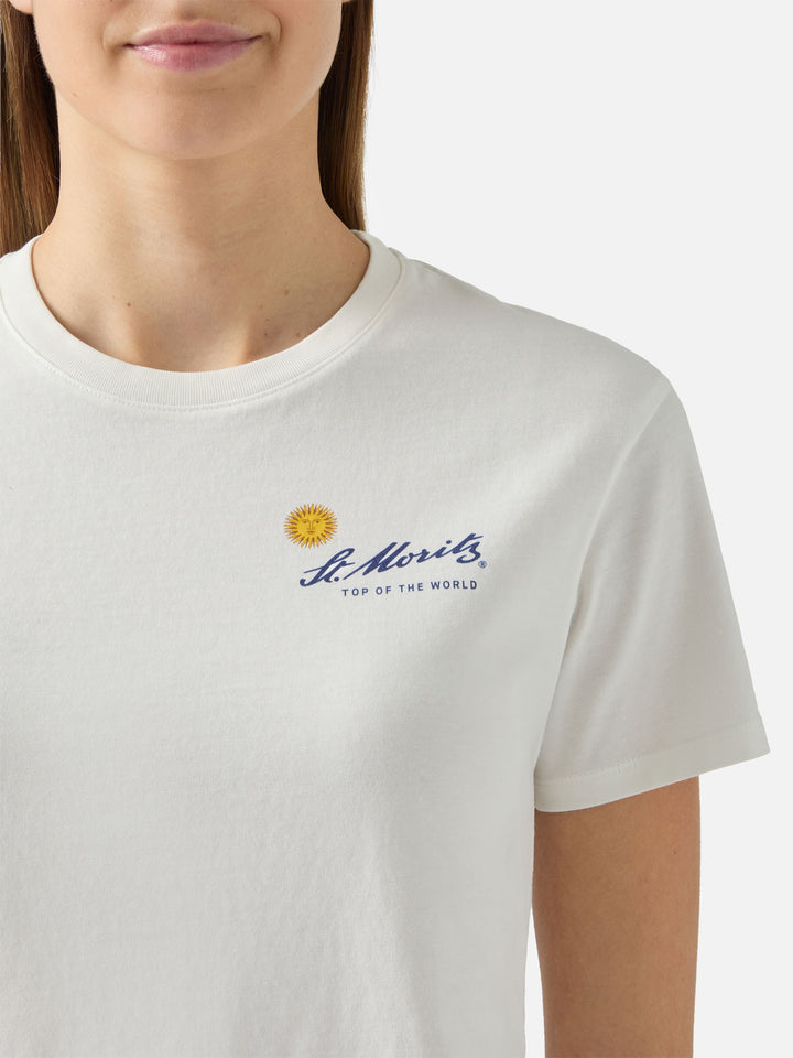 Emilie cotton T-shirt in white with St. Moritz print | ST. MORITZ TOP OF THE WORLD SPECIAL EDITION