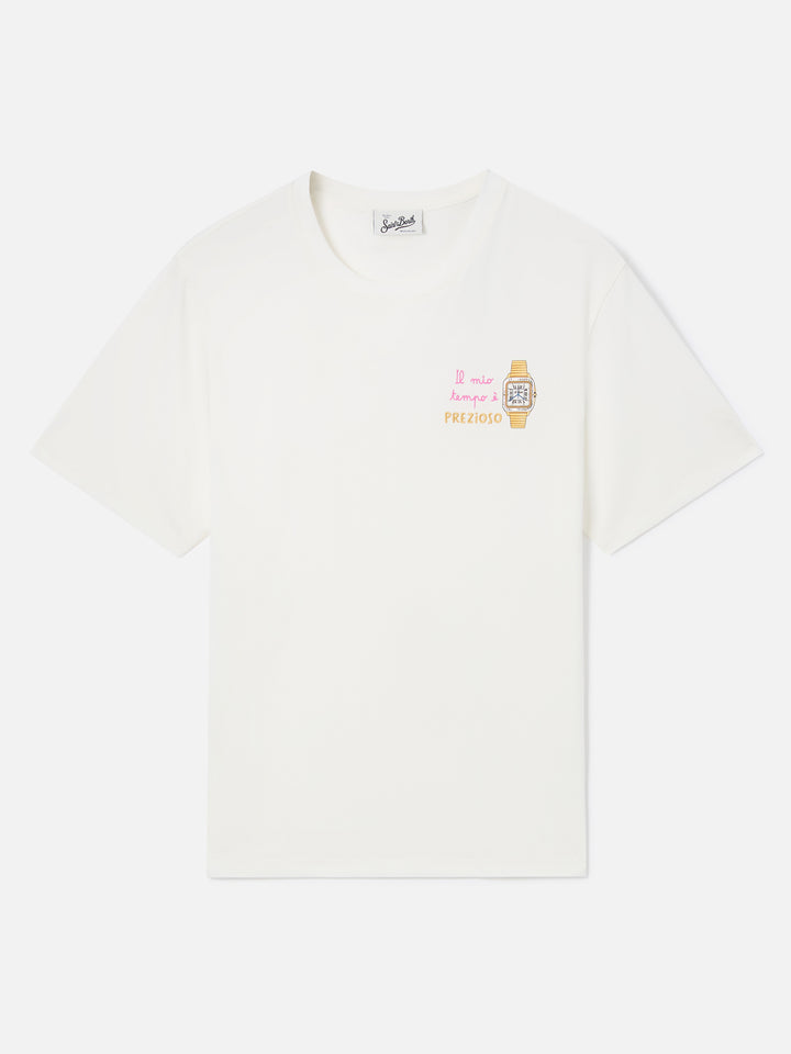 Off white Emilie t-shirt with Il Mio Tempo è Prezioso embroidery