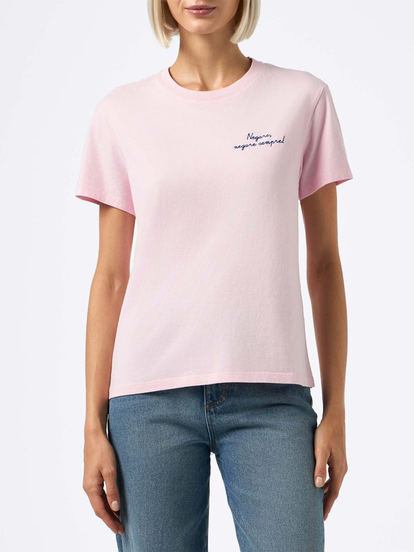 T-shirt da donna Emilie rosa in cotone pesante con ricamo Negare, negare sempre! | VACANZE DI NATALE EDIZIONE SPECIALE