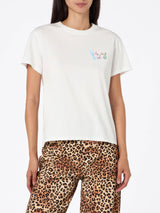 Woman heavy cotton white t-shirt Emilie with Apres ski rainbow embroidery