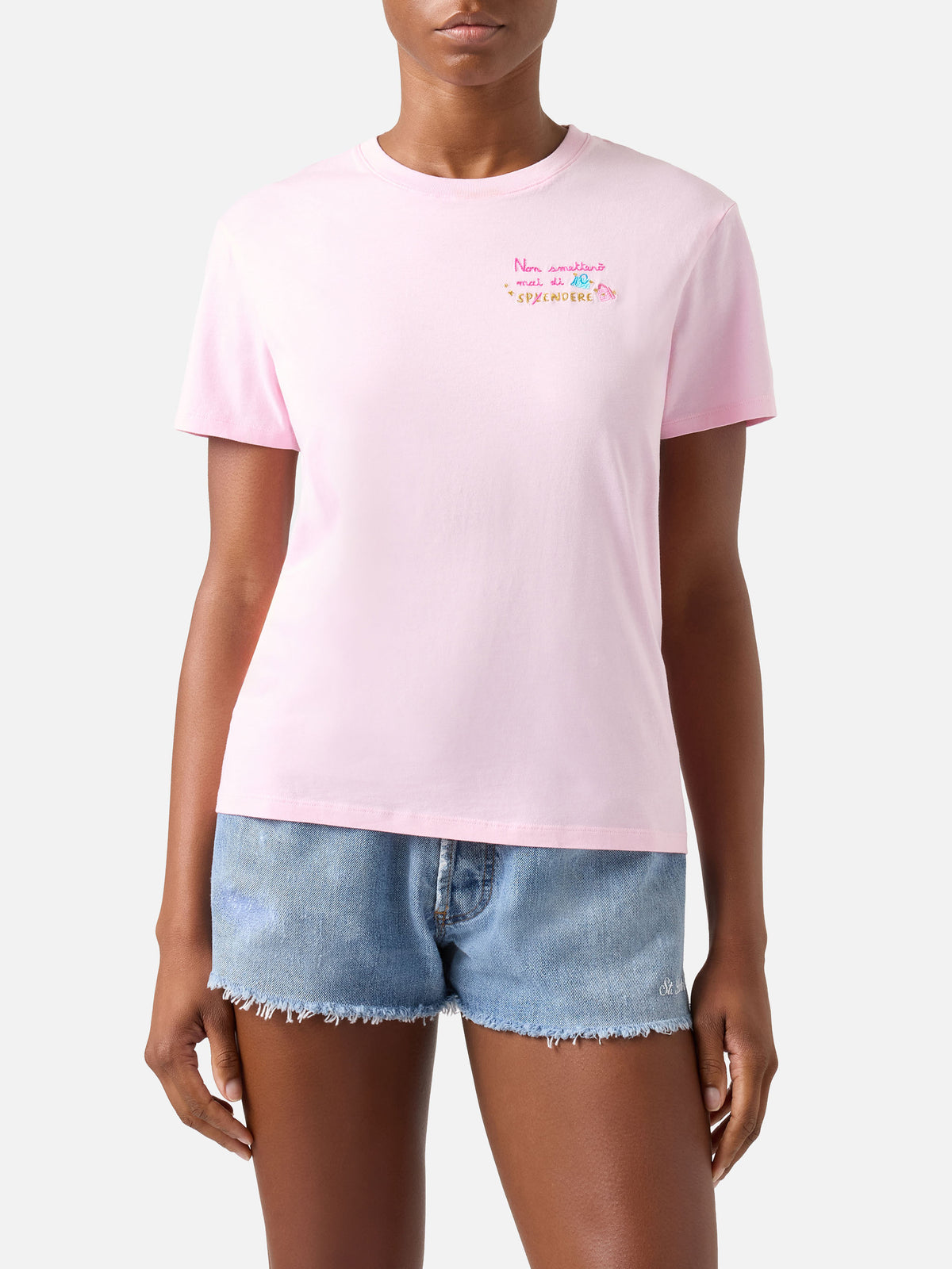 Pink Emilie t-shirt with Non Spendere embroidery