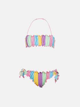 Bikini bandeau clásico de rizo para niña Emy con estampado de rayas 