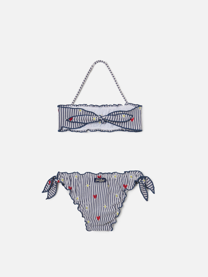 Emy white and navy striped seersucker embroidered bikini