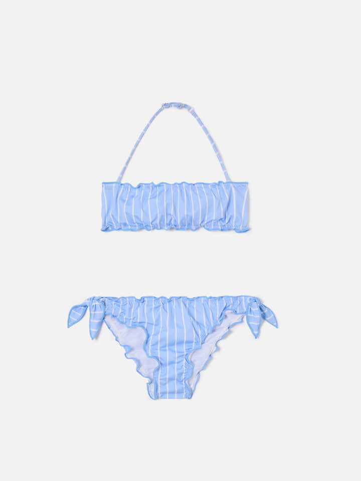 Emy light blue and white striped bikini with ruffled edges