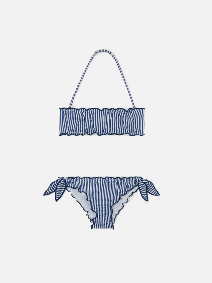 Emy white and blue striped bikini with ruffled edges