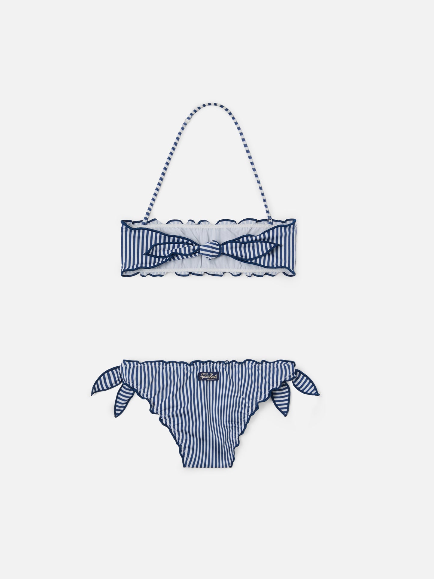 Emy white and blue striped bikini with ruffled edges