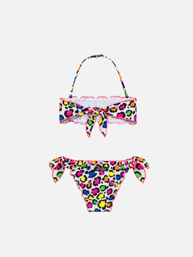 Bikini da bambina a fascia con stampa leopardata