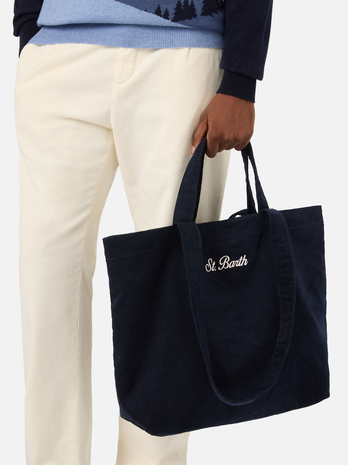 Bolso tote Essential de pana blue con bordado del logo 