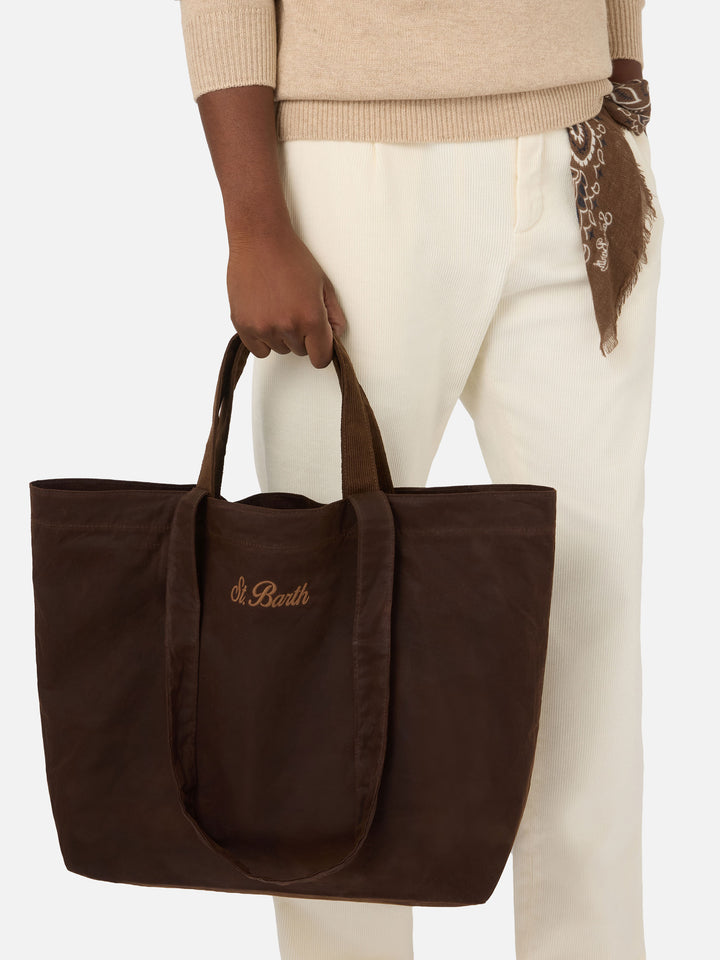 Brown Essential waxed tote bag with logo embroidery