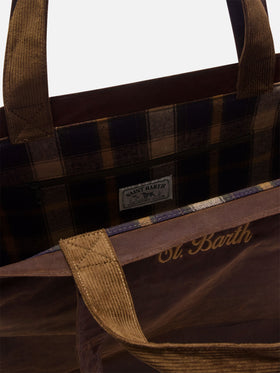 Shopper Essential marrone in tessuto cerato con ricamo logo