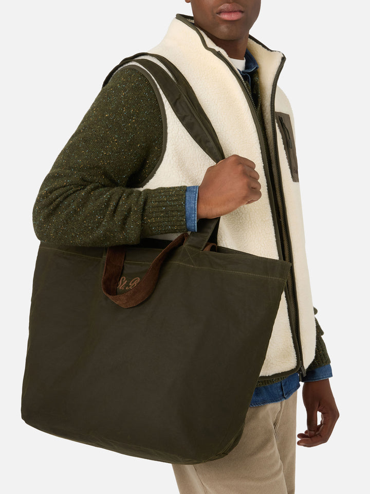 Military green Essential waxed tote bag with logo embroidery