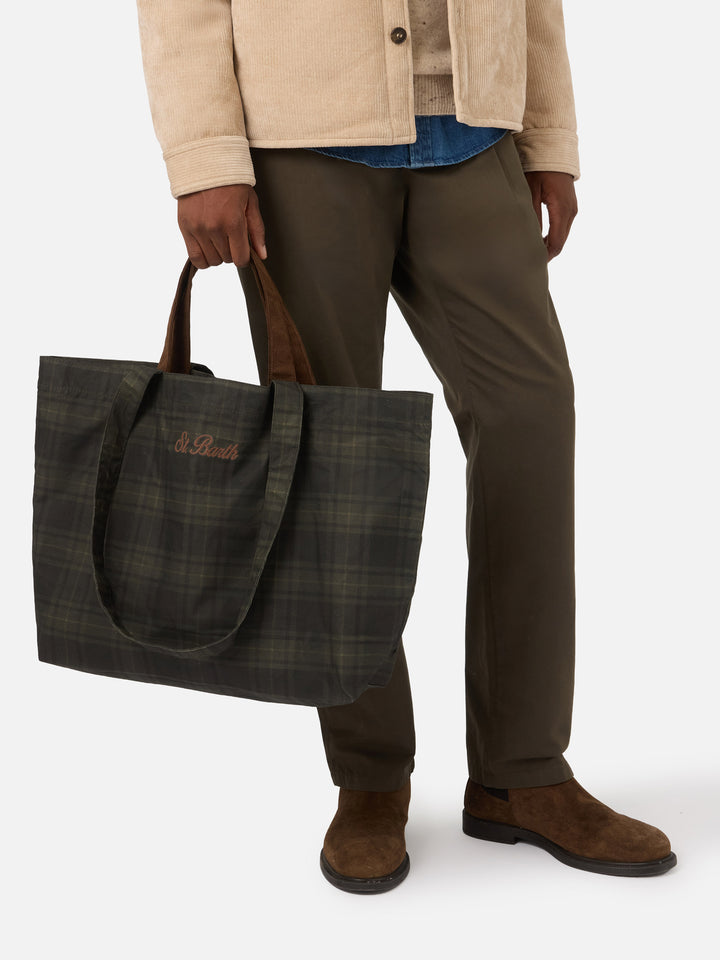 Essential waxed tote bag with tartan pattern