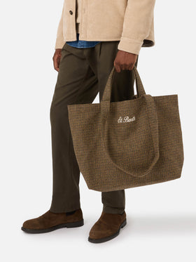 Sac tote Essential en mélange de laine beige avec motif pied-de-poule 