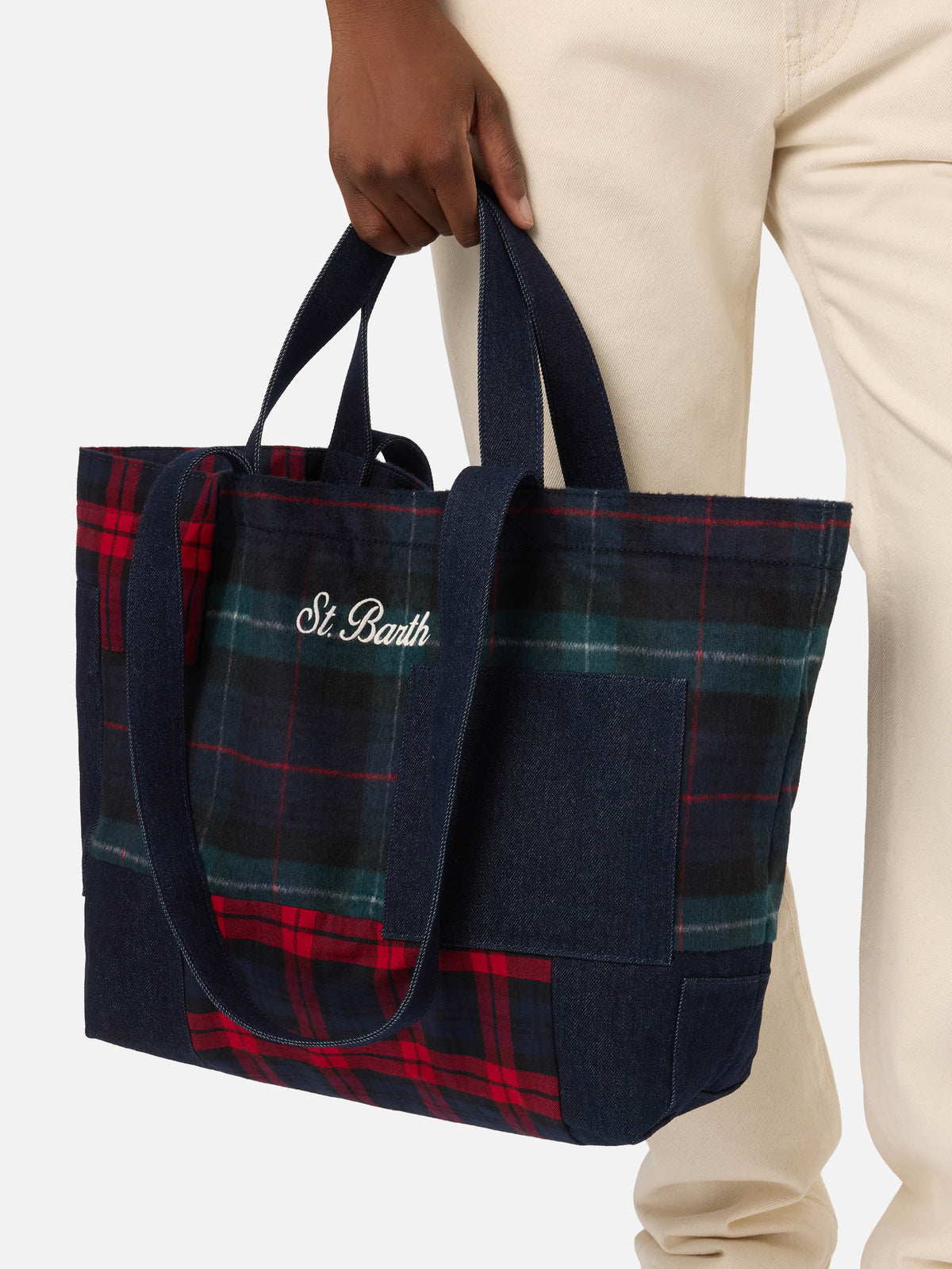 Sac tote essentiel en denim patchwork et tartan 