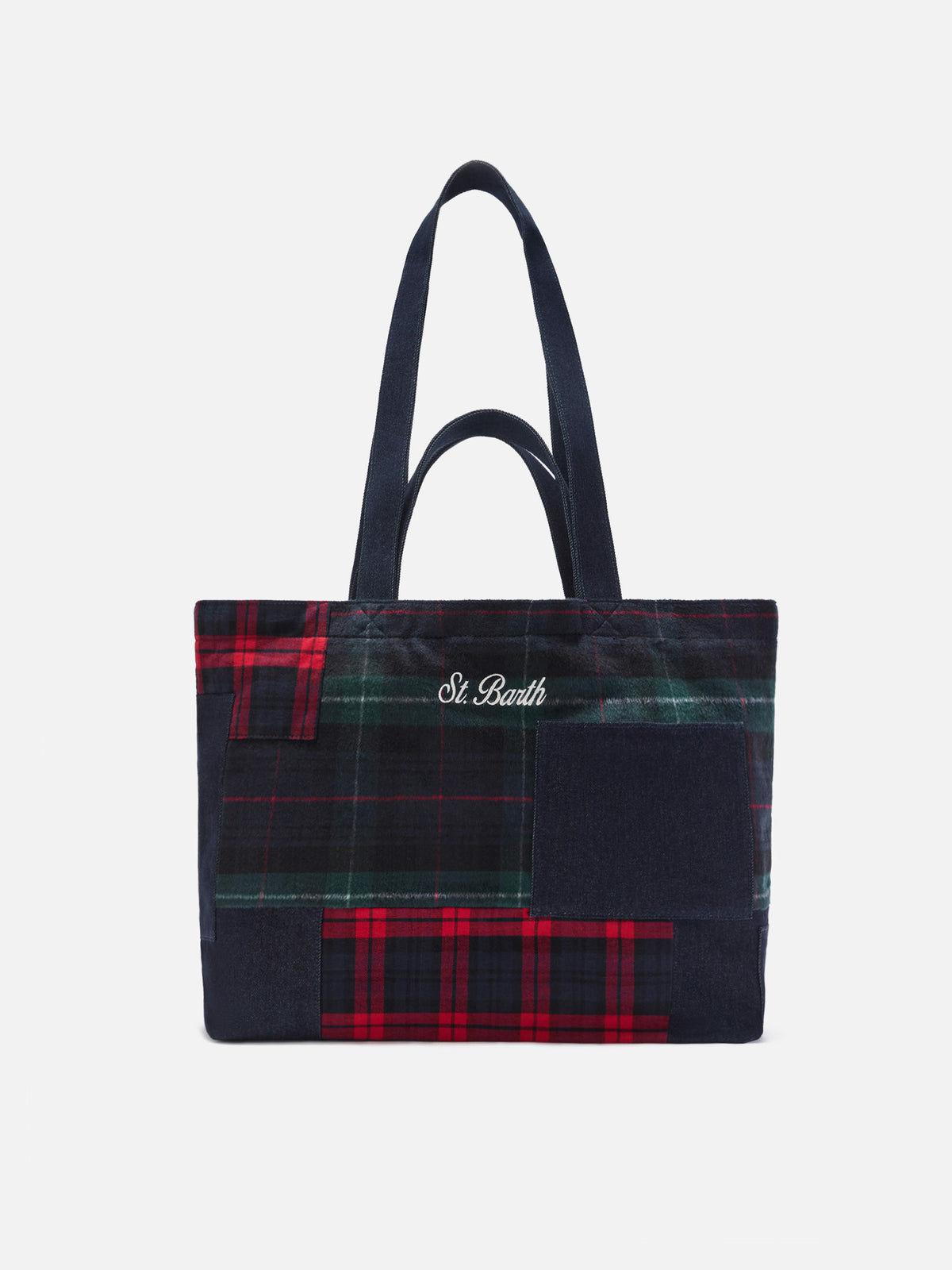 Bolso esencial tote con denim patchwork y tartán 