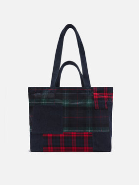 Bolso esencial tote con denim patchwork y tartán 