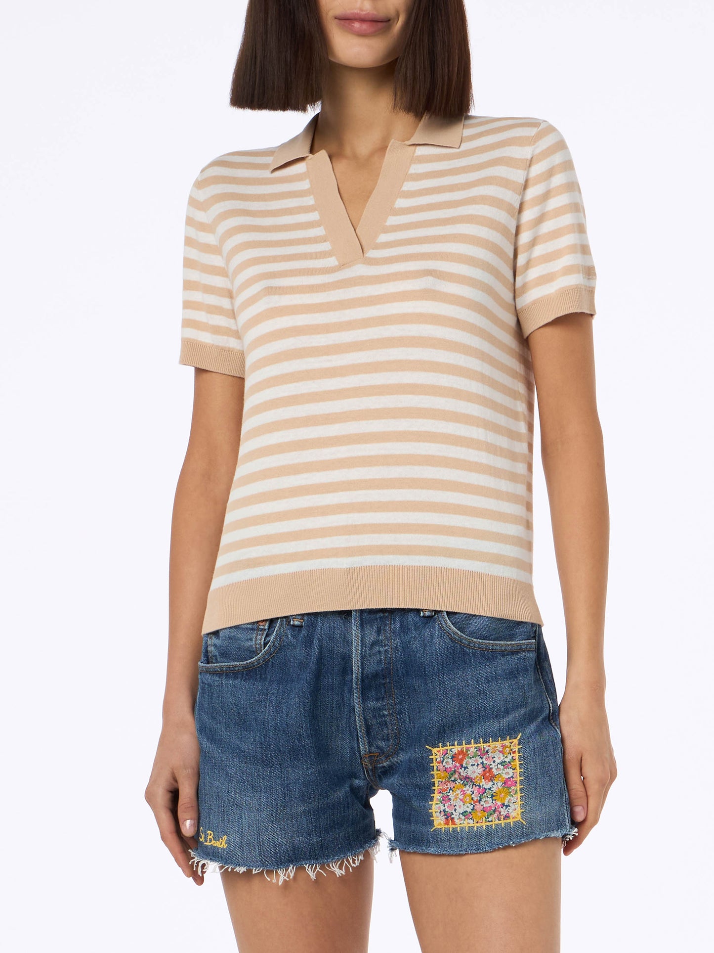 Polo Evonne in maglia di cotone a righe beige