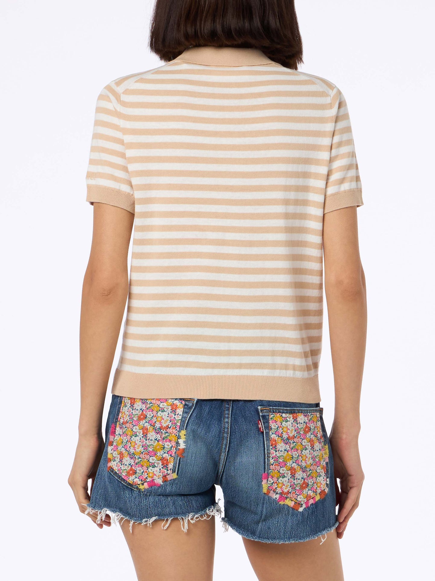 Polo Evonne in maglia di cotone a righe beige