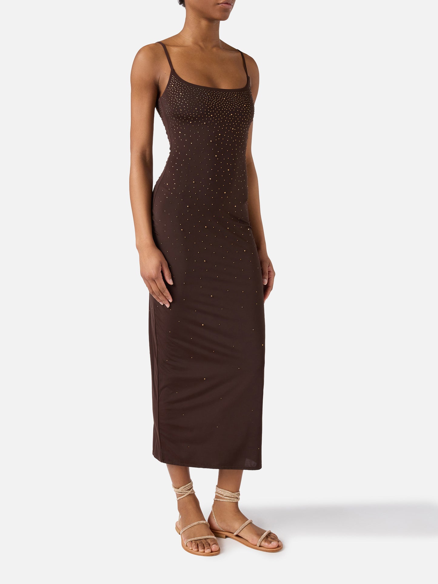 Long Evy dress in brown with degradé-effect strass