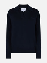 Woman navy blue cashmere blend sweater Eze with polo collar