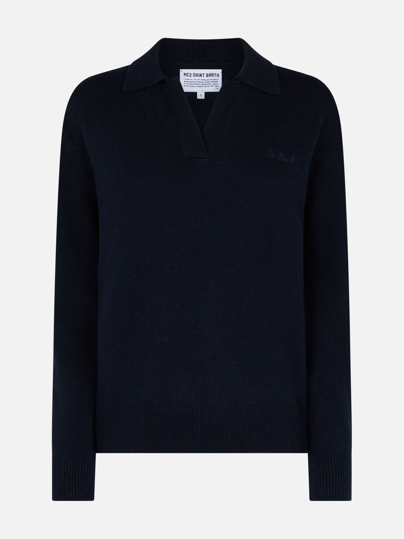 Woman navy blue cashmere blend sweater Eze with polo collar