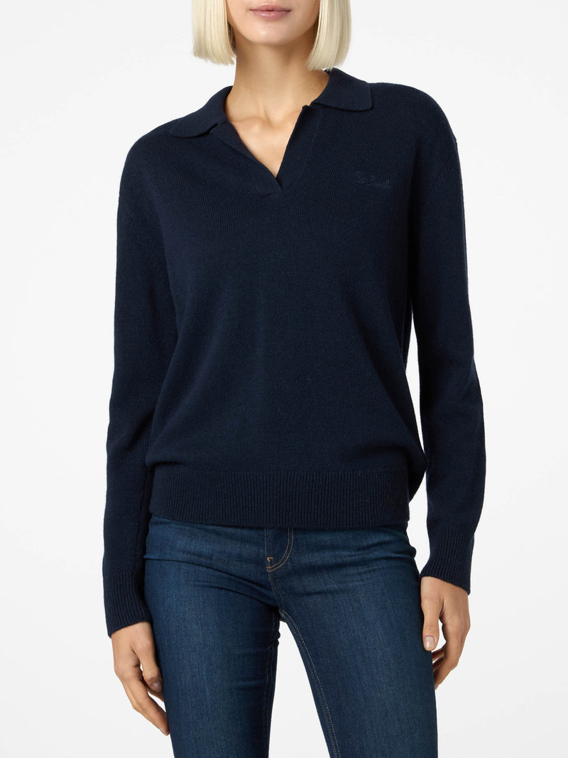 Woman navy blue cashmere blend sweater Eze with polo collar