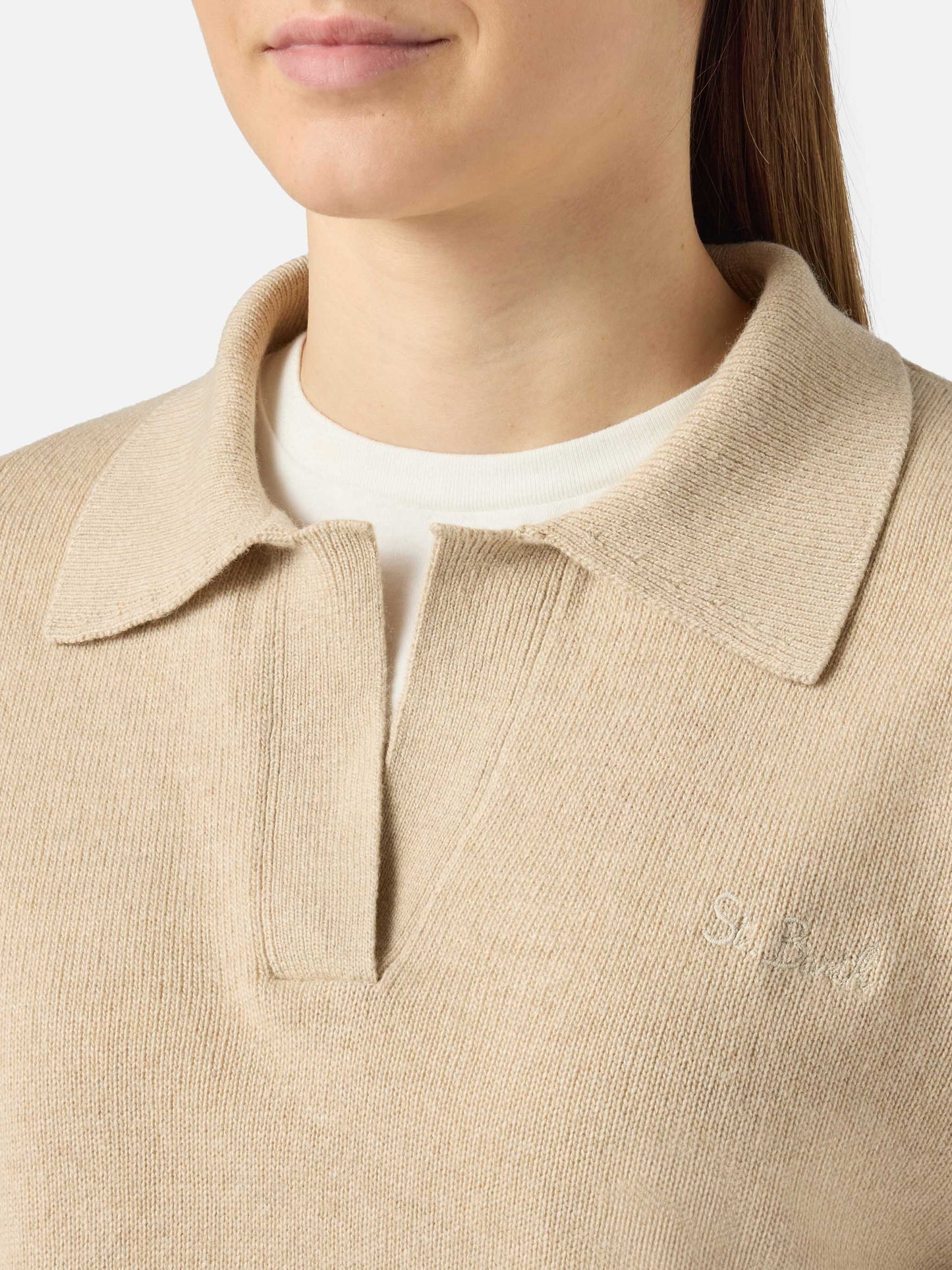 Woman beige cashmere blend sweater Eze with polo collar
