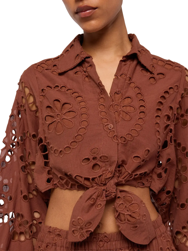 Febe camel brown cotton Sangallo lace shirt - MC2 Saint Barth
