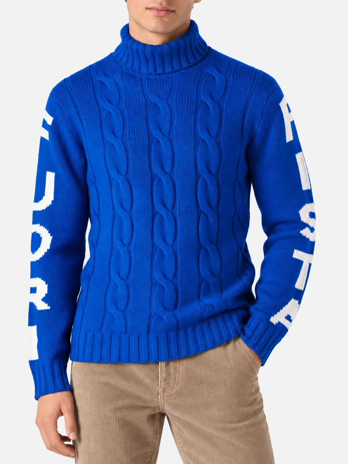 Pull à col roulé en maille torsadée style pêcheur avec jacquard Fuori pista bleu 