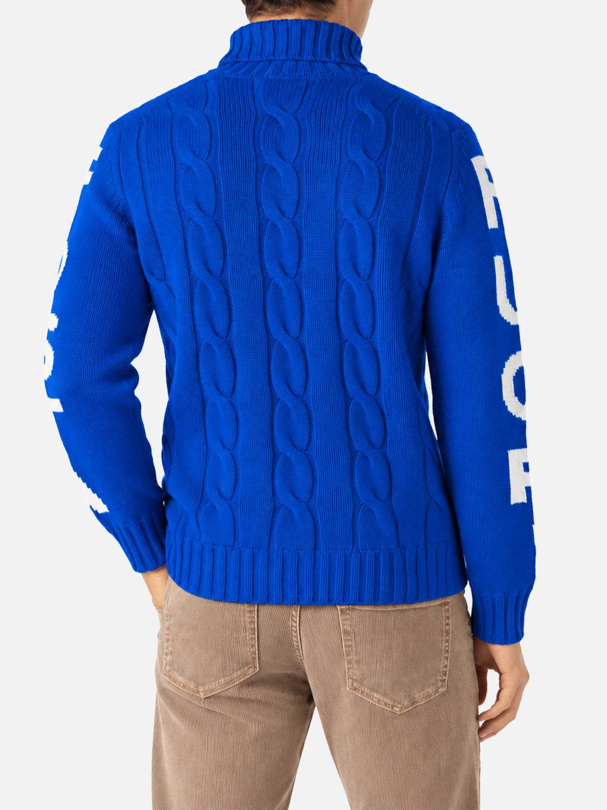 Pull à col roulé en maille torsadée style pêcheur avec jacquard Fuori pista bleu 