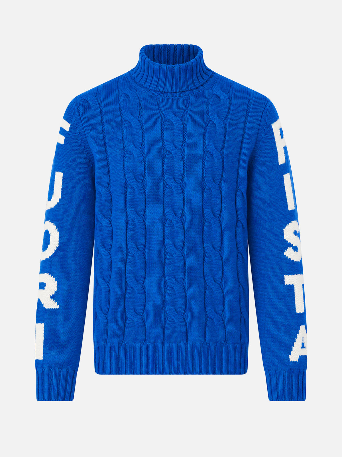 Pull à col roulé en maille torsadée style pêcheur avec jacquard Fuori pista bleu 