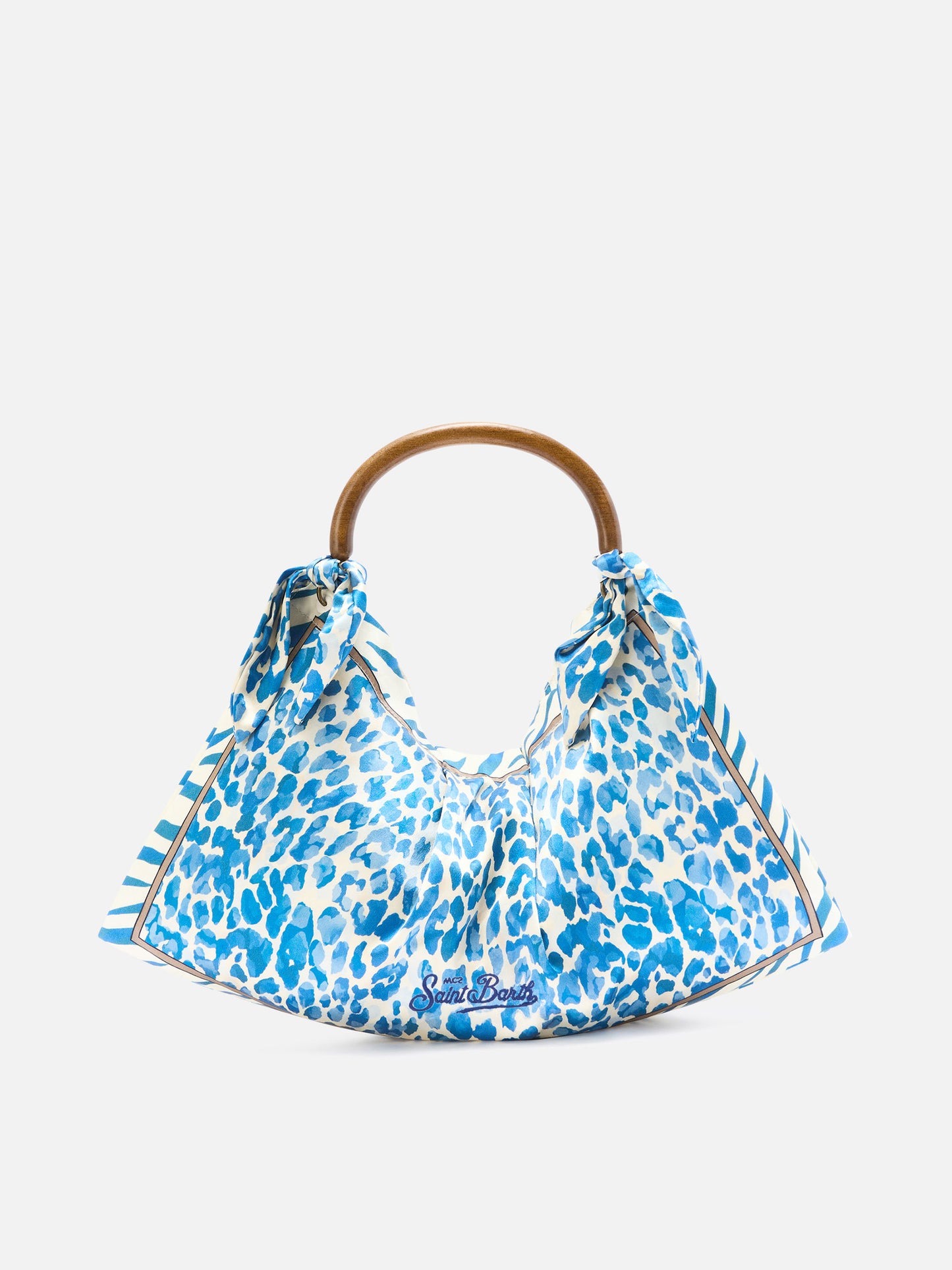 Tasche aus Seidenfoulard mit Holzgriff und Animal-Print 
