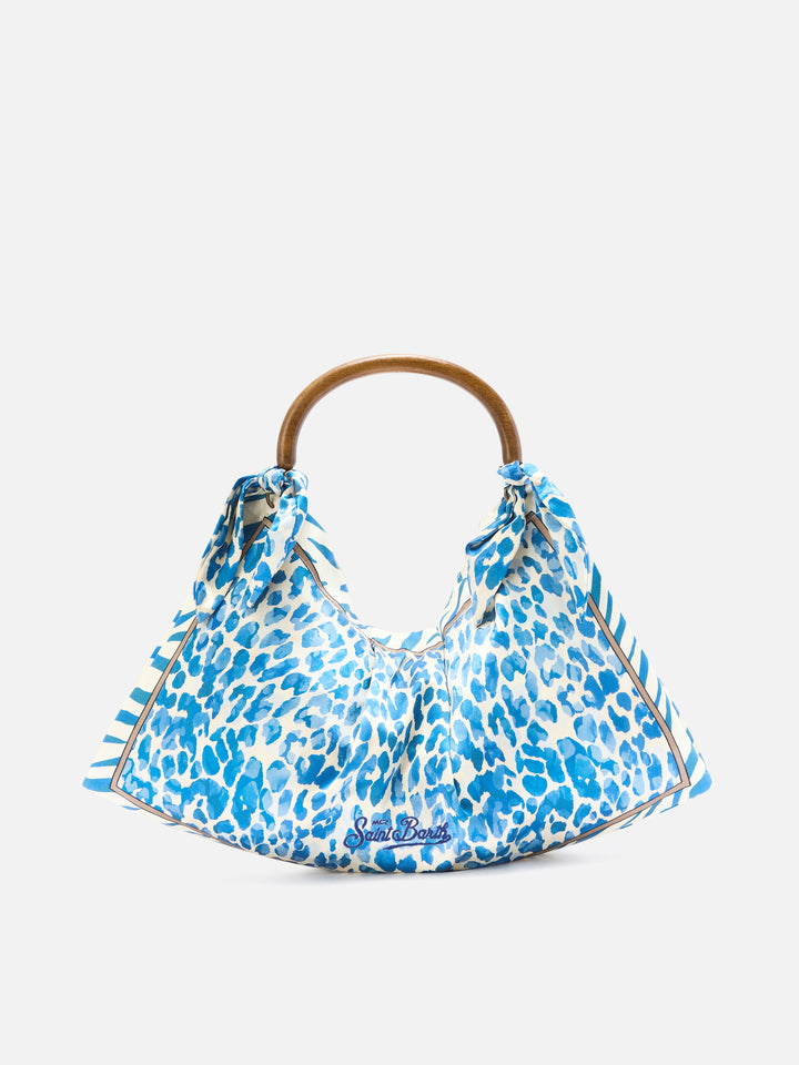 Tasche aus Seidenfoulard mit Holzgriff und Animal-Print 
