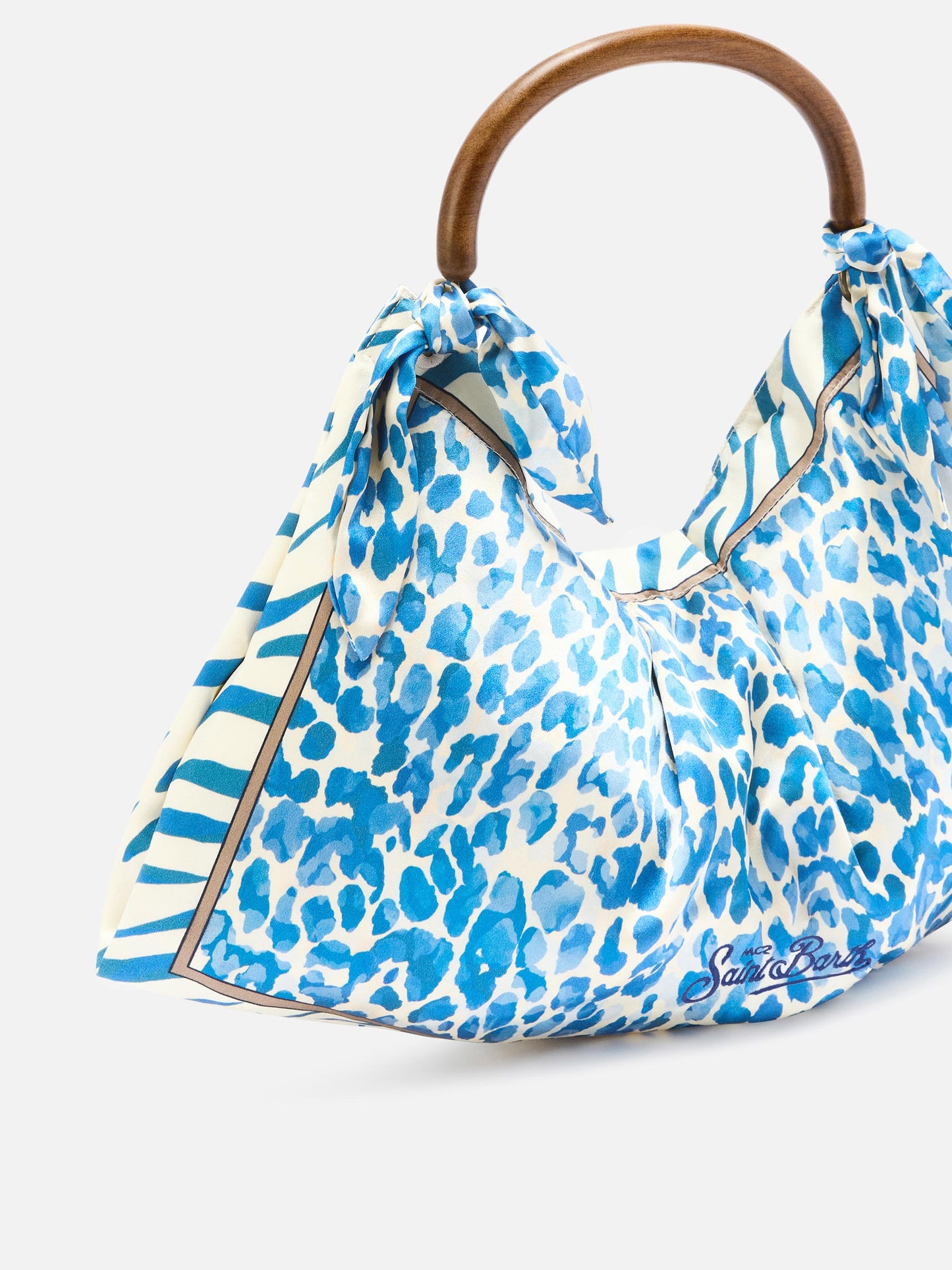 Tasche aus Seidenfoulard mit Holzgriff und Animal-Print 