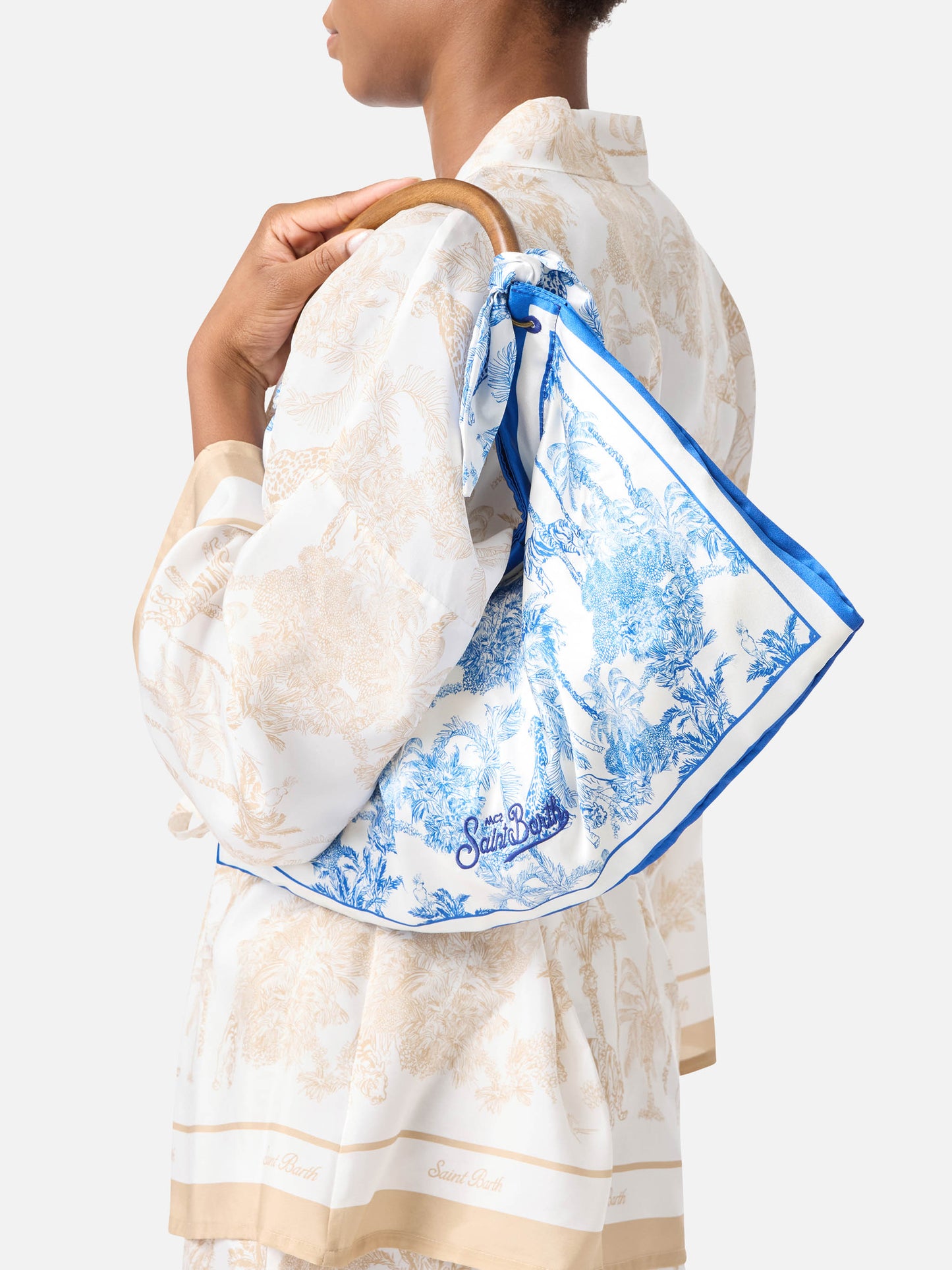 Foulard bag with soft structure and toile de Jouy pattern