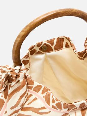 Seidentasche als Foulard mit Holzgriff und Animal-Print 