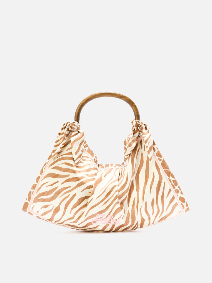 Seidentasche als Foulard mit Holzgriff und Animal-Print 