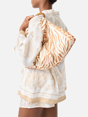 Seidentasche als Foulard mit Holzgriff und Animal-Print 