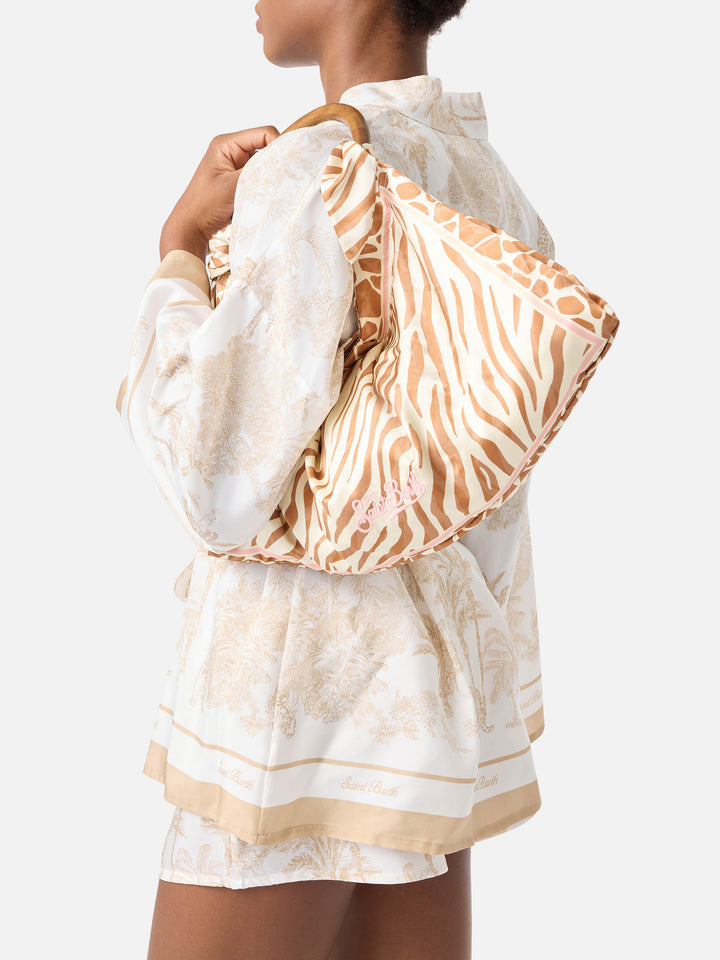 Seidentasche als Foulard mit Holzgriff und Animal-Print 