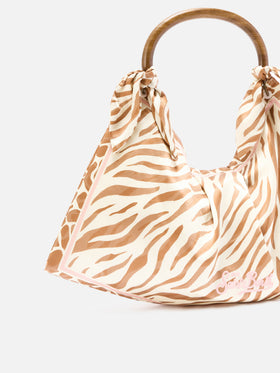 Seidentasche als Foulard mit Holzgriff und Animal-Print 