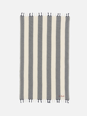 Leichtes Baumwoll-Strandtuch Fouta mit marineblauem Streifendruck