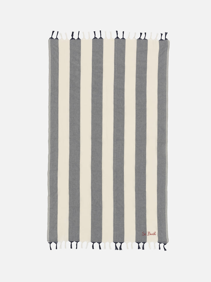 Leichtes Baumwoll-Strandtuch Fouta mit marineblauem Streifendruck