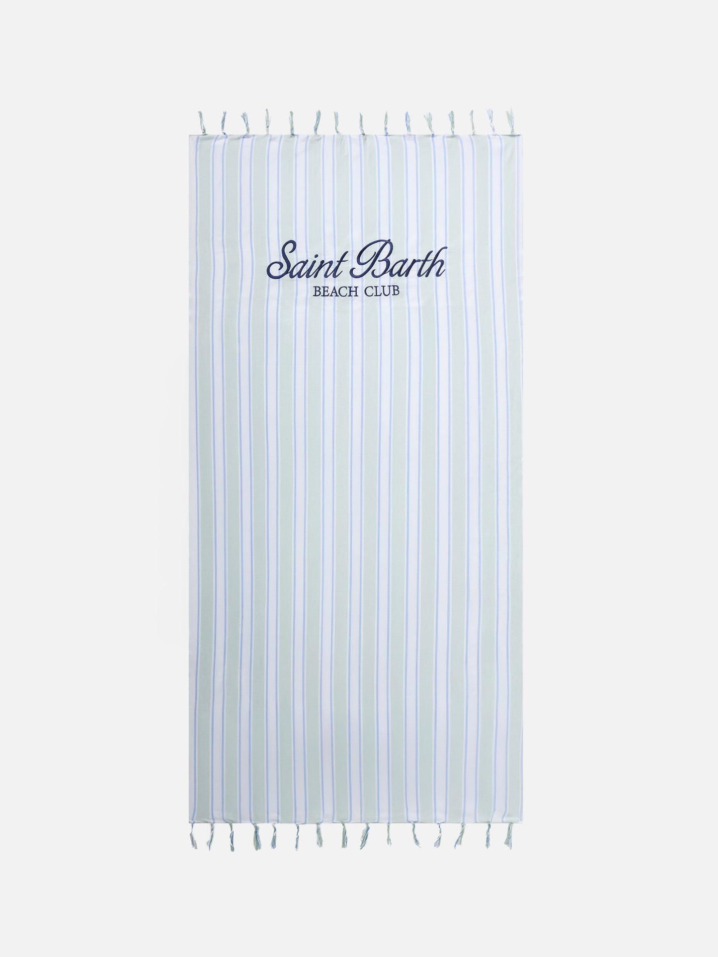 Foutas Lightbeach towel with aqua green and white stripes and embroidered logo