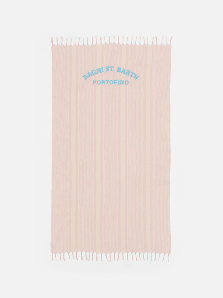 Leichtes Baumwoll-Strandtuch Fouta mit rosa Streifendruck und Stickerei