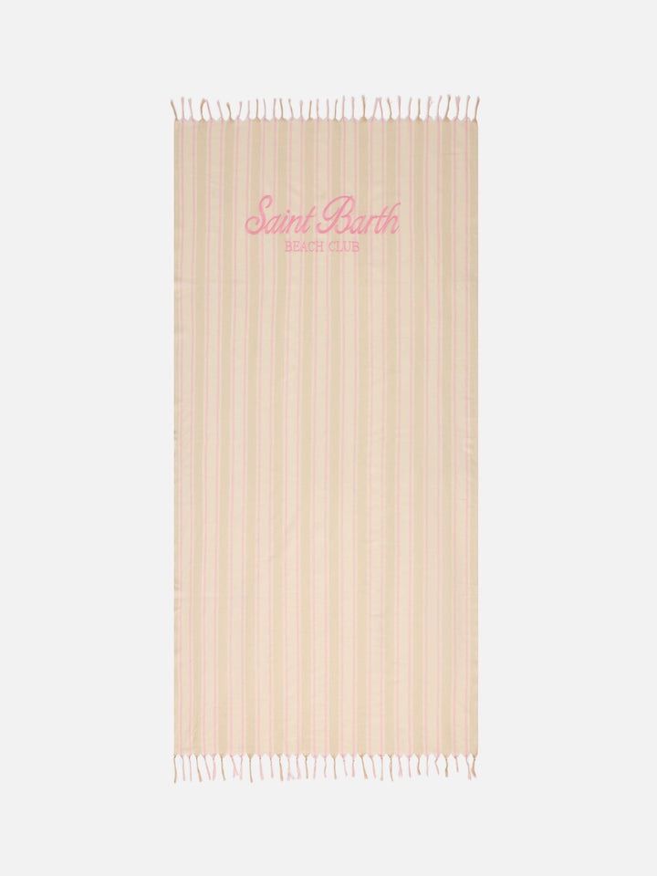 Toalla de playa Foutas Lightbeach con rayas beige y blancas y logo bordado 