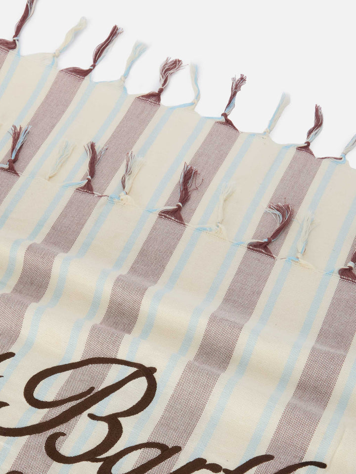 Foutas Lightbeach towel with beige and light blue stripes and embroidered logo