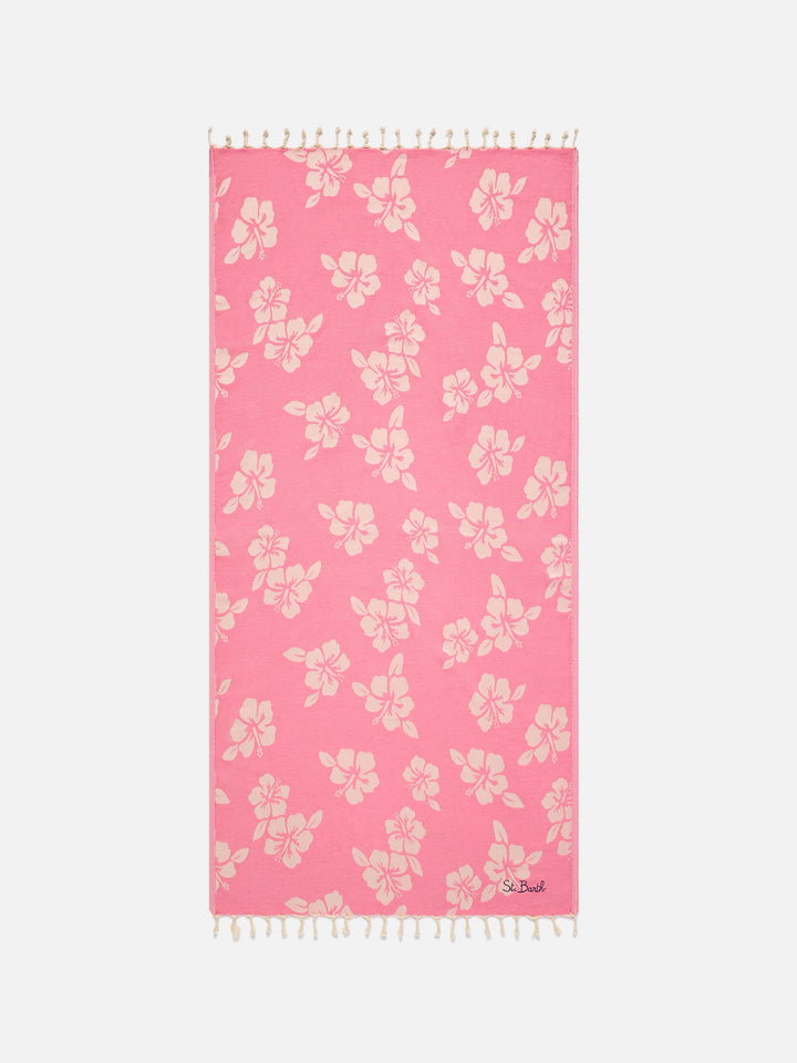 Foutas cotton Jaquard pink beach towel with hibiscus pattern