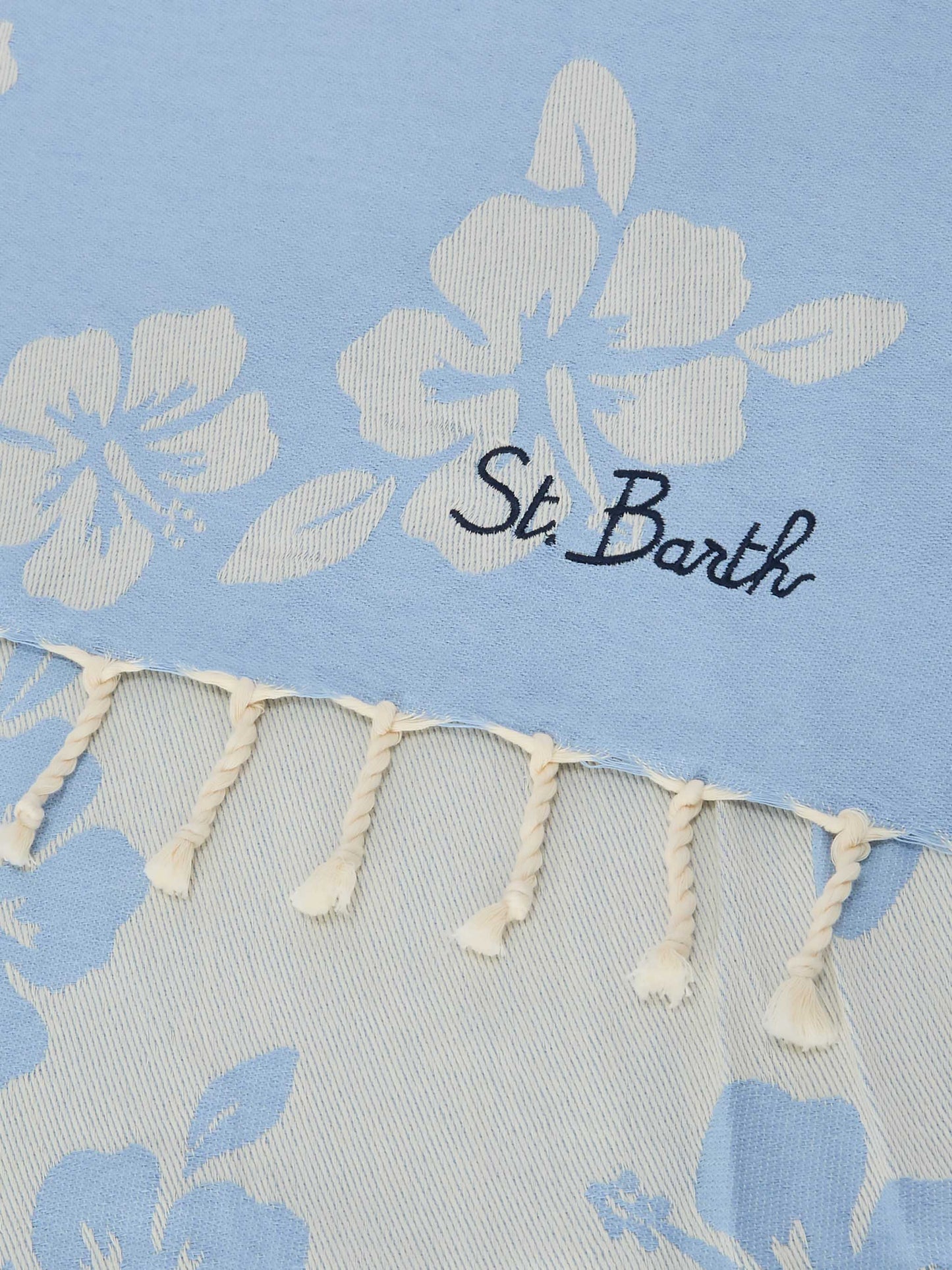 Telo mare Foutas in cotone jacquard azzurro con fantasia hibiscus